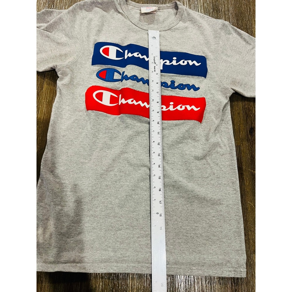 Champion Mens Script Logo T-Shirt Heather Gray Triple Stack Graphic Small GT11C
